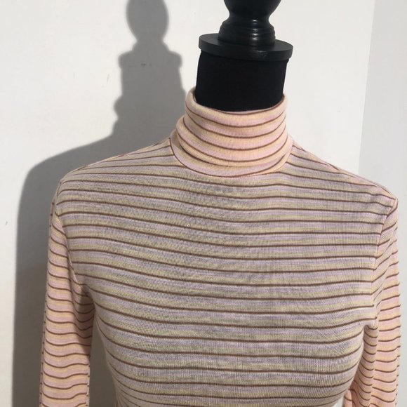70s Vintage Acrylic Pink Striped Turtleneck Shirt - Picture 2 of 7